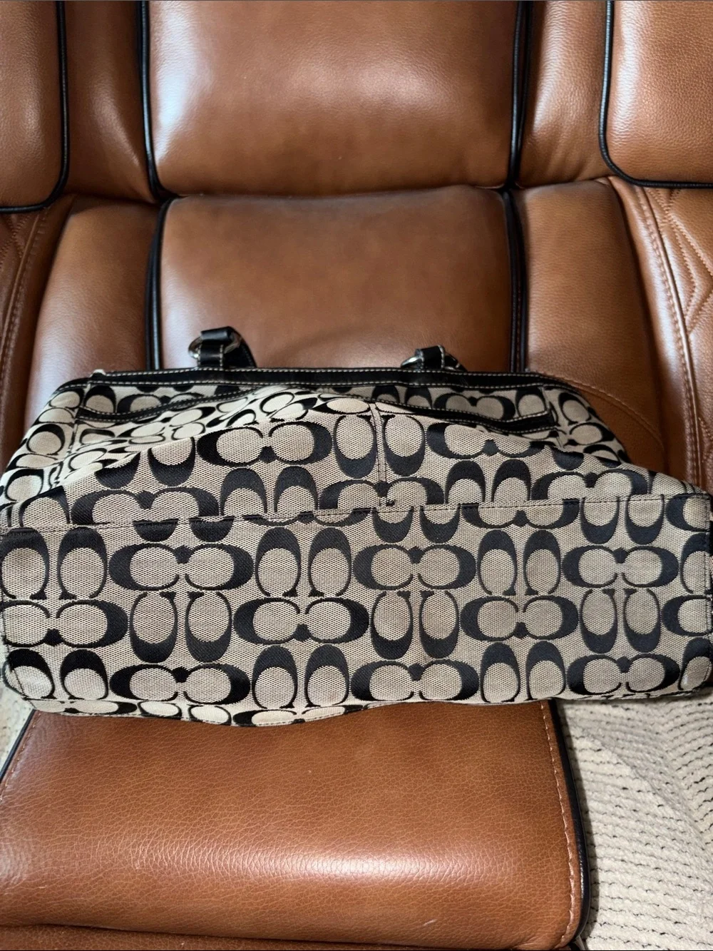 Vintage sCoach Signature Canvas Messenger Bag in Black and Tan
